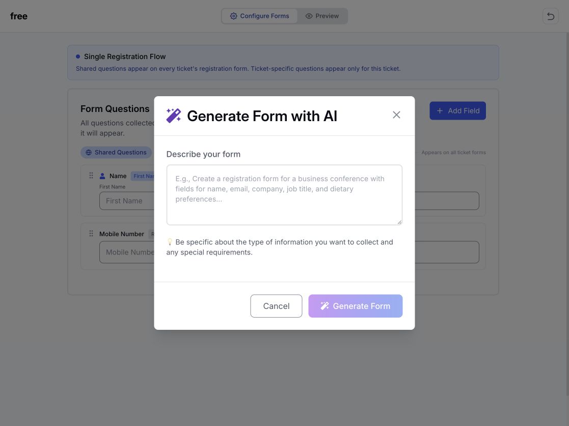 EventHex Generate Form with AI prompt