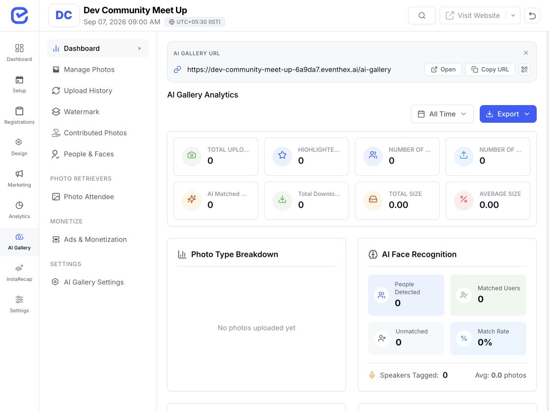 EventHex AI Gallery analytics and face recognition workspace