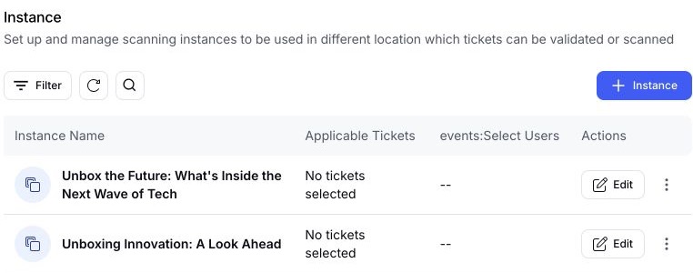 EventHex scanning instance list showing instance names, applicable tickets and edit actions