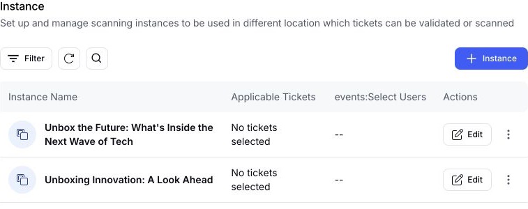 EventHex instance management list showing named scanning instances with applicable tickets and edit actions