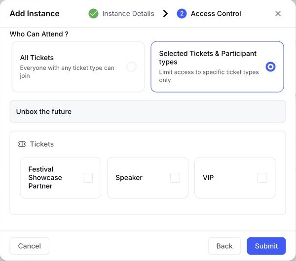 EventHex Add Instance access control step limiting an instance to selected ticket types