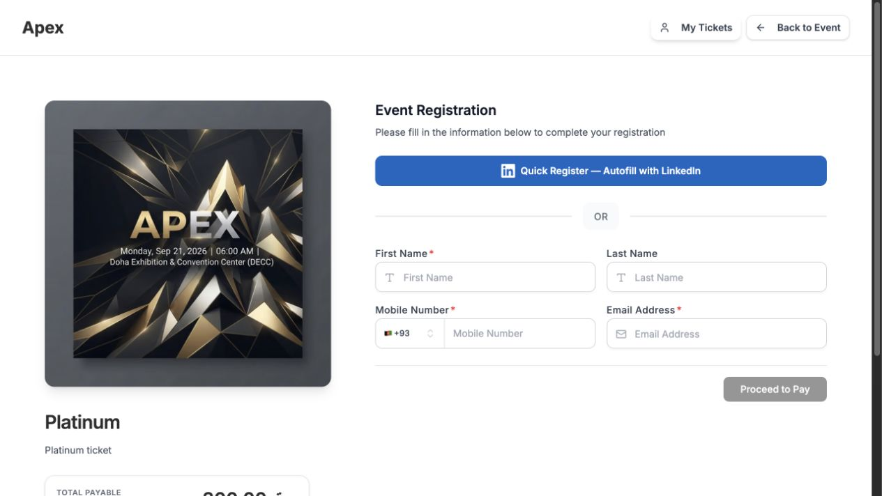 EventHex attendee checkout registration form with ticket summary and Proceed to Pay action