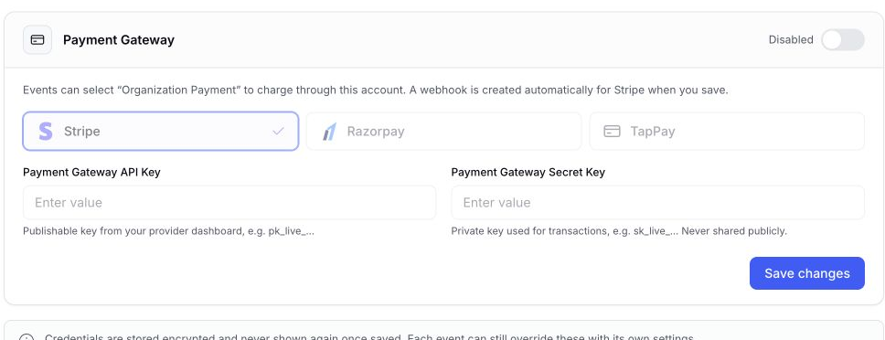 EventHex organization Payment Gateway settings with Stripe, Razorpay, and TapPay credentials and encryption note