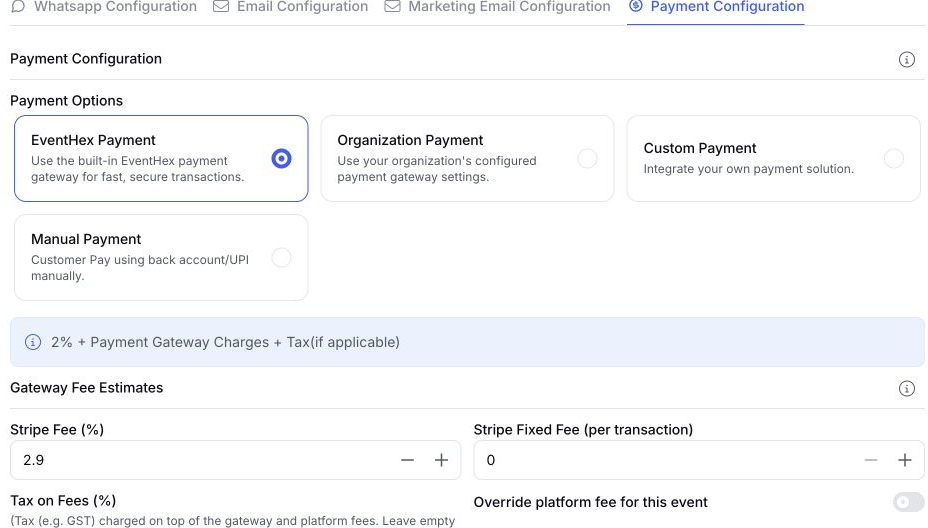 EventHex event Payment Configuration with the payment options for the event and the gateway fee estimates