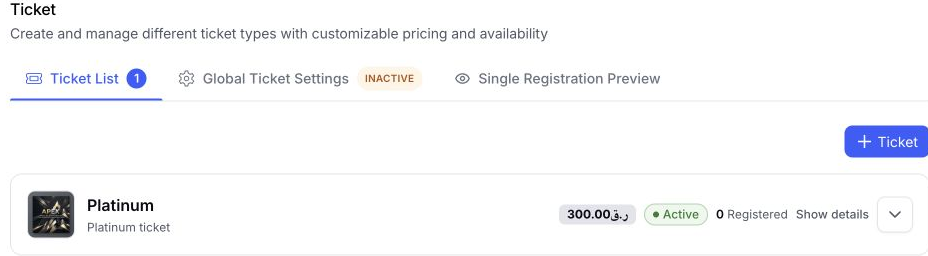 EventHex ticket list showing the Platinum ticket price, active status, and registered count