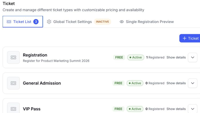 EventHex registration ticket list connected to an event website