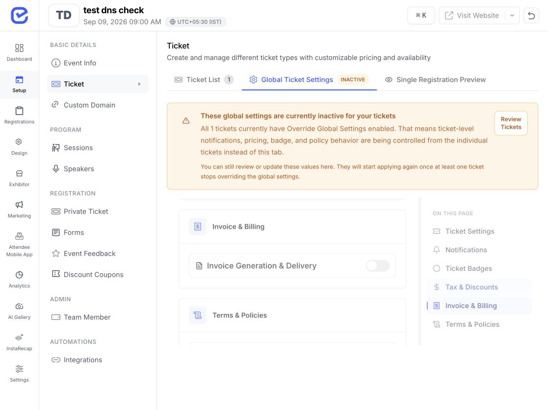 EventHex portal showing Invoice and Billing settings with invoice generation and delivery controls