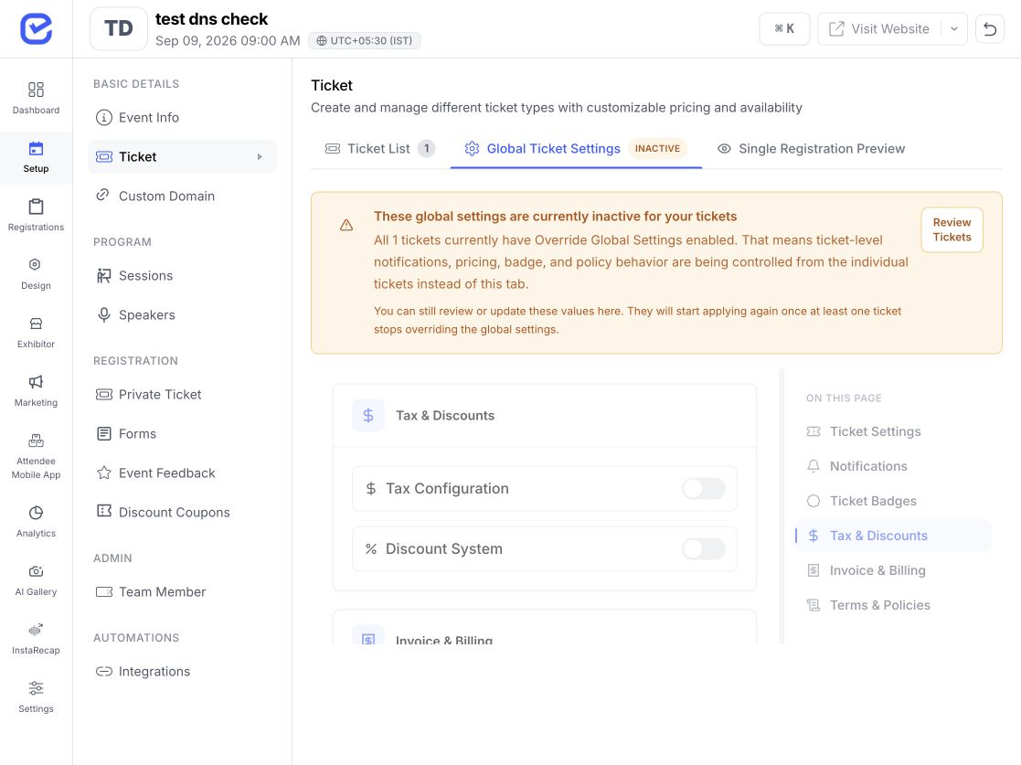 EventHex portal showing Tax and Discounts settings with tax configuration and discount controls