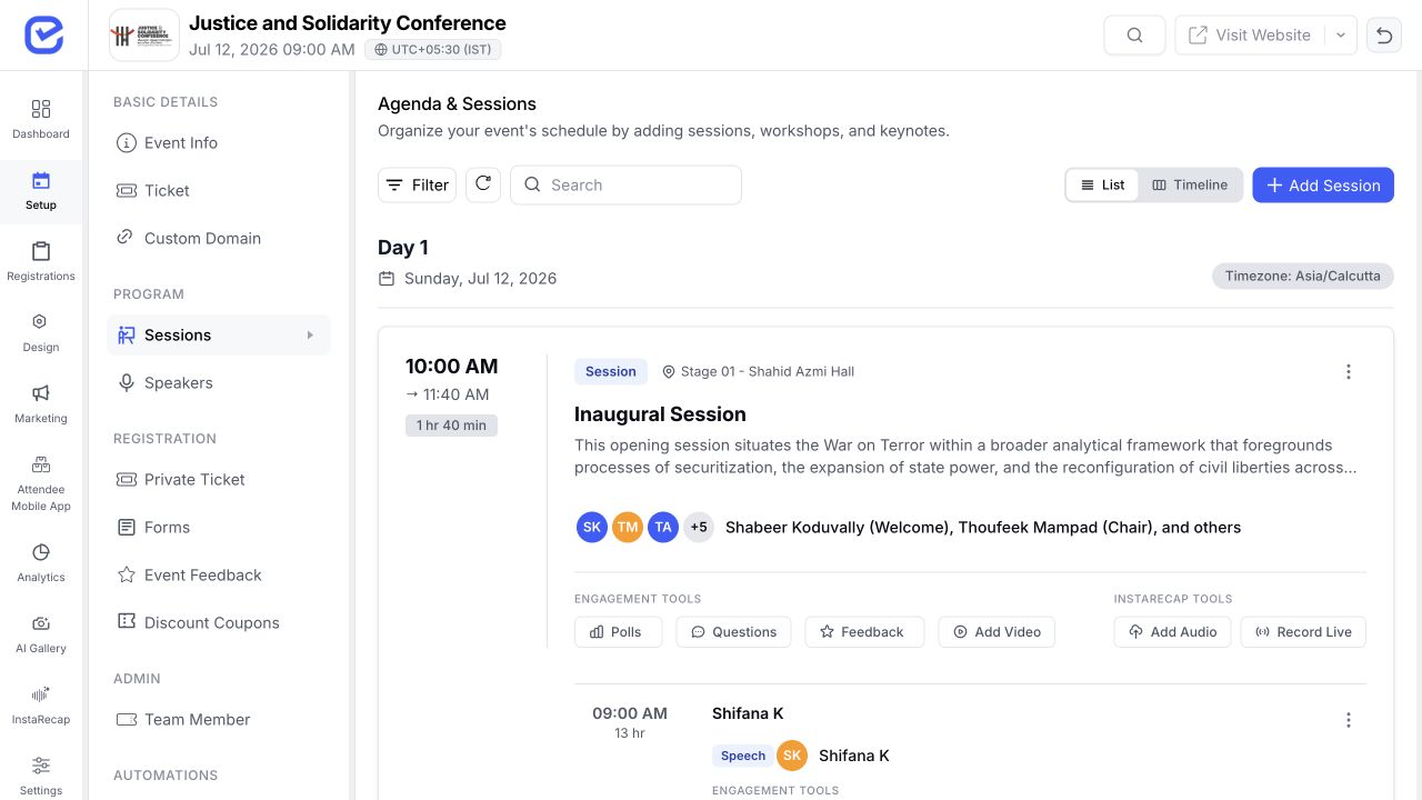 EventHex agenda workspace organized by event date, time, stage, and session