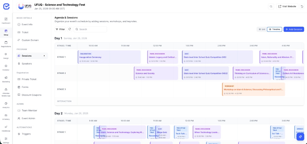 EventHex session management timeline view
