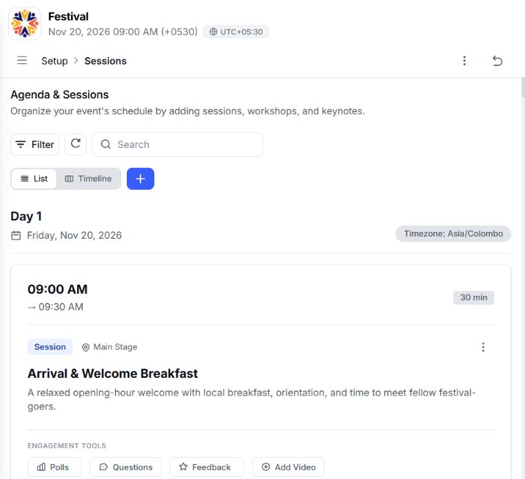 Populated EventHex agenda for the Festival event