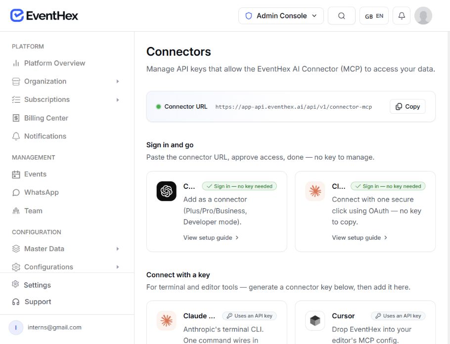 EventHex Admin Console showing the developer connector URL and API key setup