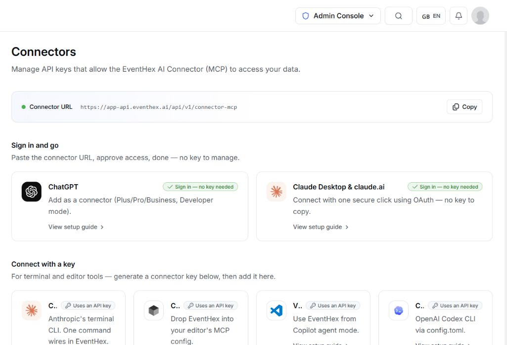 EventHex connector key management with scoped and revocable access