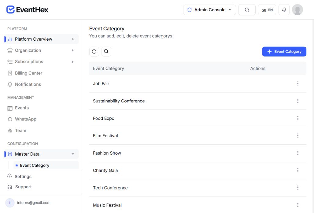 EventHex product and file management screen