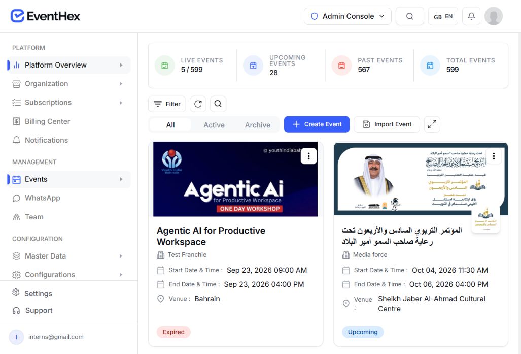 EventHex event and exhibitor management workspace