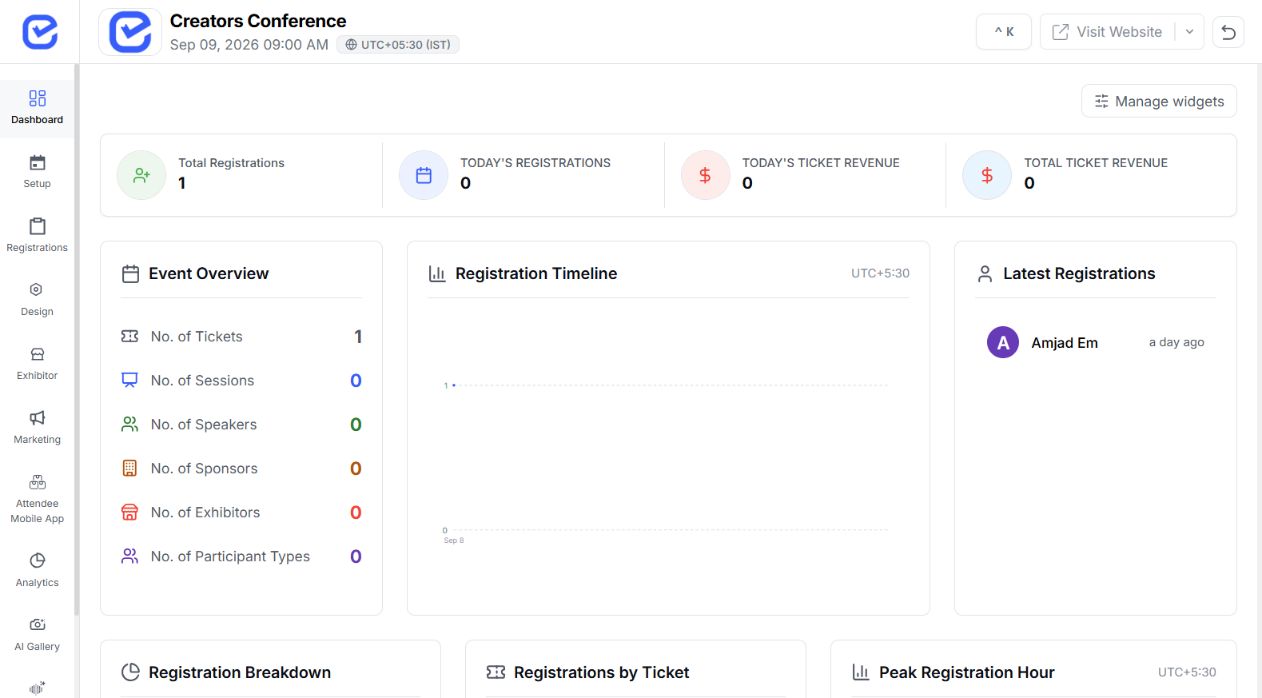 Creators Conference dashboard showing the event date and Asia Kolkata timezone