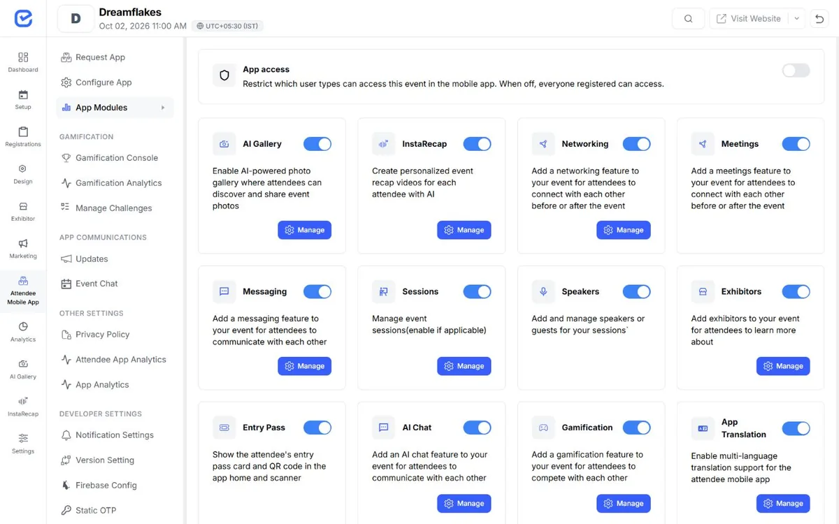 EventHex attendee app modules for sessions, entry passes, networking, and event photos