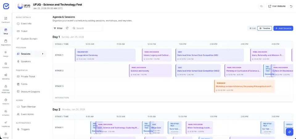 EventHex multi-stage timeline for coordinating a cultural festival programme