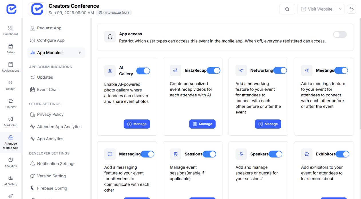 EventHex attendee app modules used to manage the eligible event audience