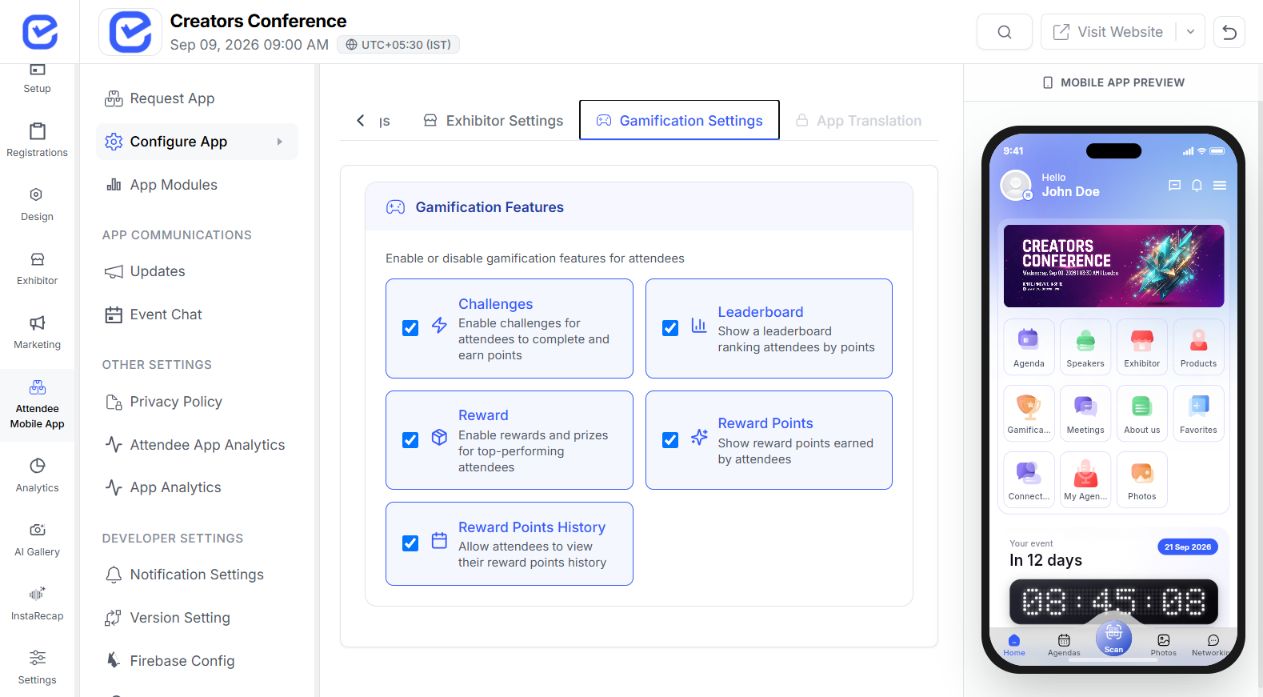 EventHex gamification settings for challenges, leaderboard, rewards, and points history