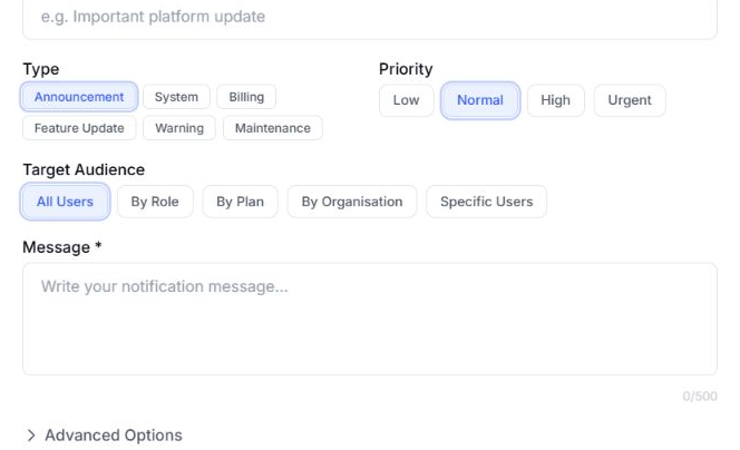 EventHex notification targeting controls for all users, a role, a plan, an organisation, or specific users