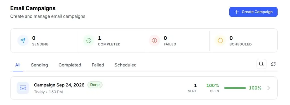 EventHex email campaigns view with an event-start reminder campaign already completed