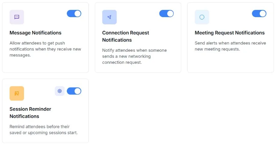 EventHex attendee-app notification settings listing the message, connection, meeting, and session reminder categories