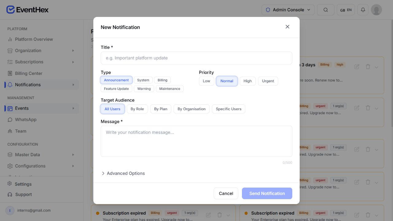 EventHex notification builder with title, notification type, priority, target audience, and message fields