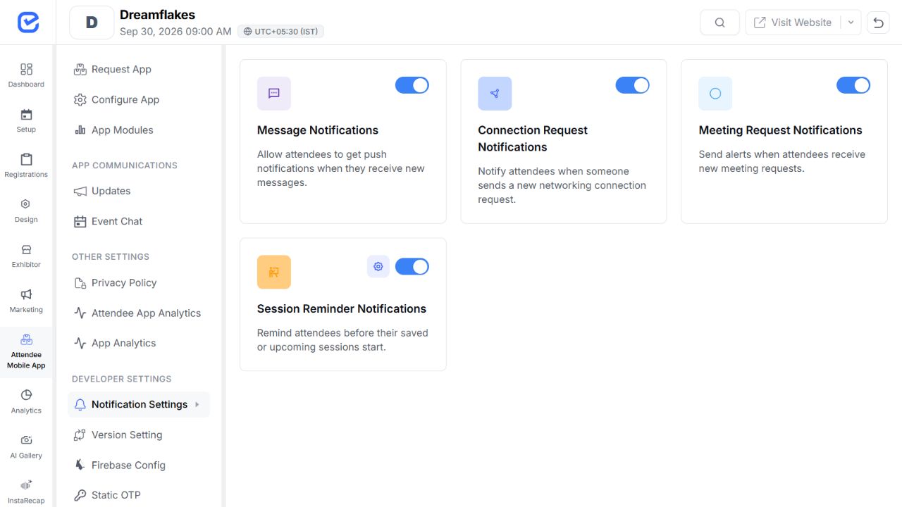 EventHex attendee-app notification settings with switches for message, connection request, meeting request, and session reminder alerts