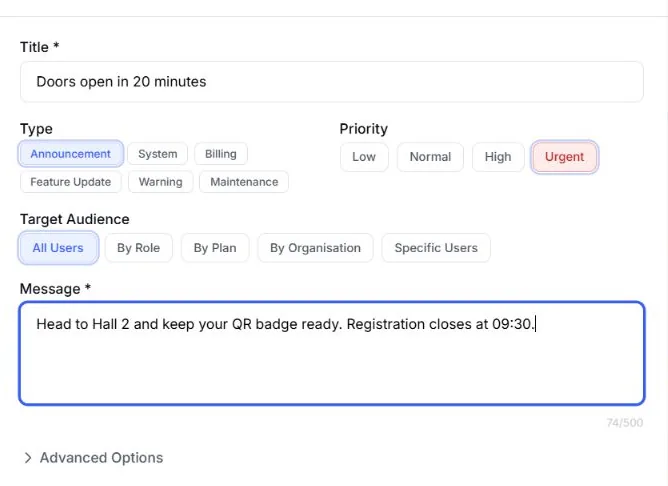 EventHex notification composer with a title, type, priority, target audience, and message filled in