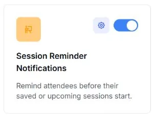 EventHex attendee-app notification settings with Session Reminder Notifications switched on