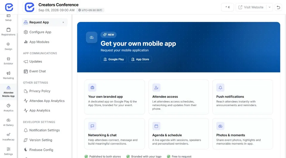 EventHex attendee mobile app workspace with agenda, networking, and update modules