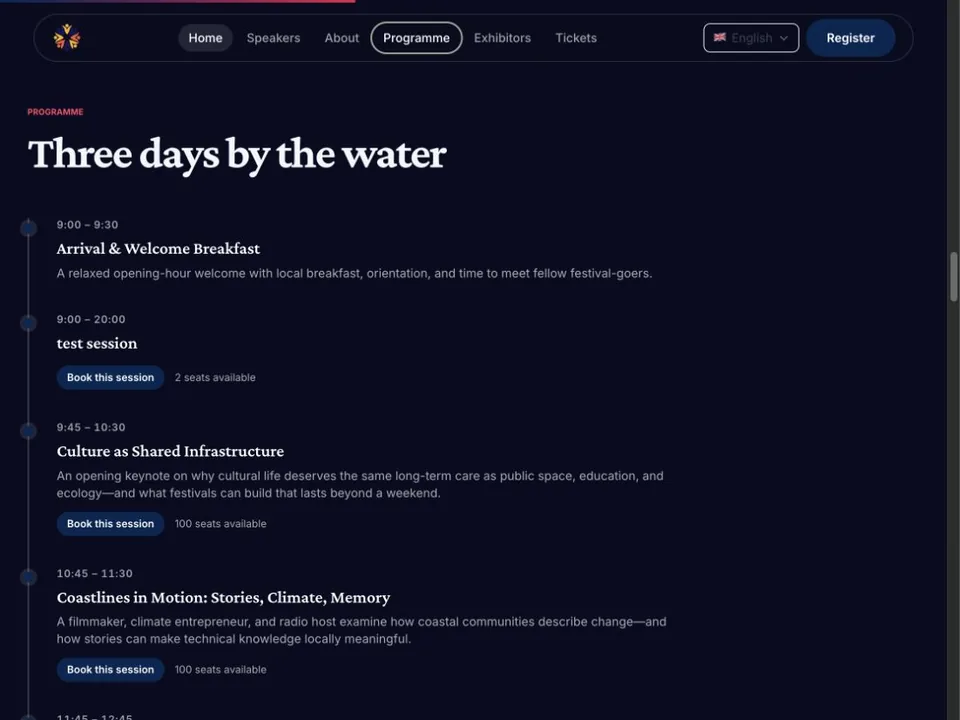 Published EventHex event programme with sessions and booking options
