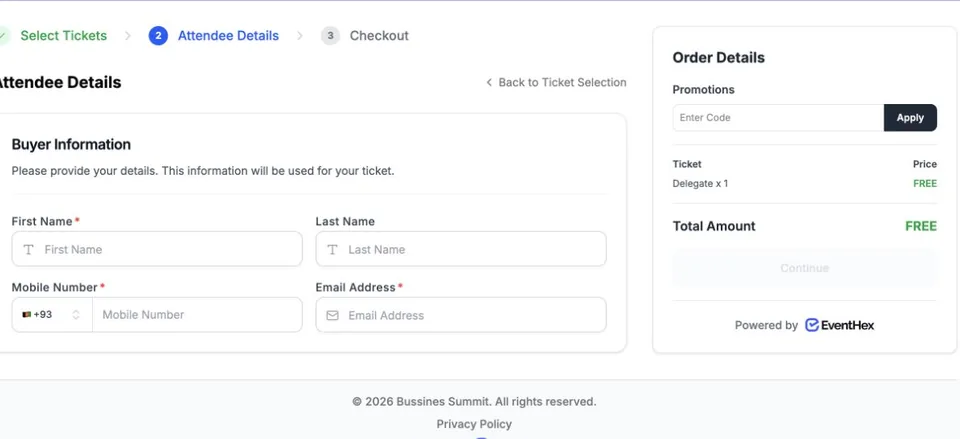 EventHex registration checkout collecting attendee and ticket details
