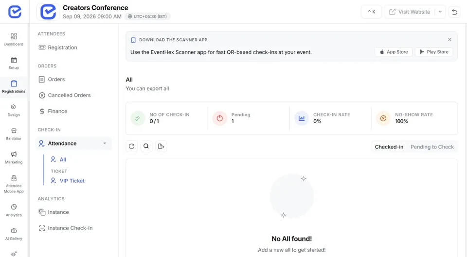 EventHex attendance workspace for QR-based attendee check-in
