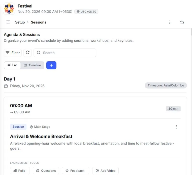 EventHex agenda workspace with sessions, times, and engagement tools