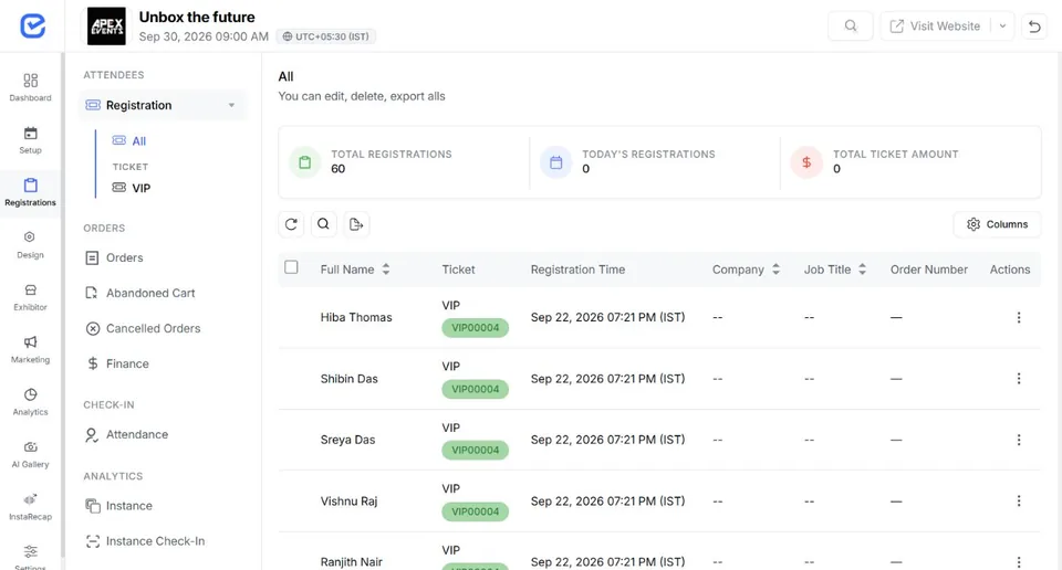 EventHex registration workspace for reviewing the configured attendee workflow