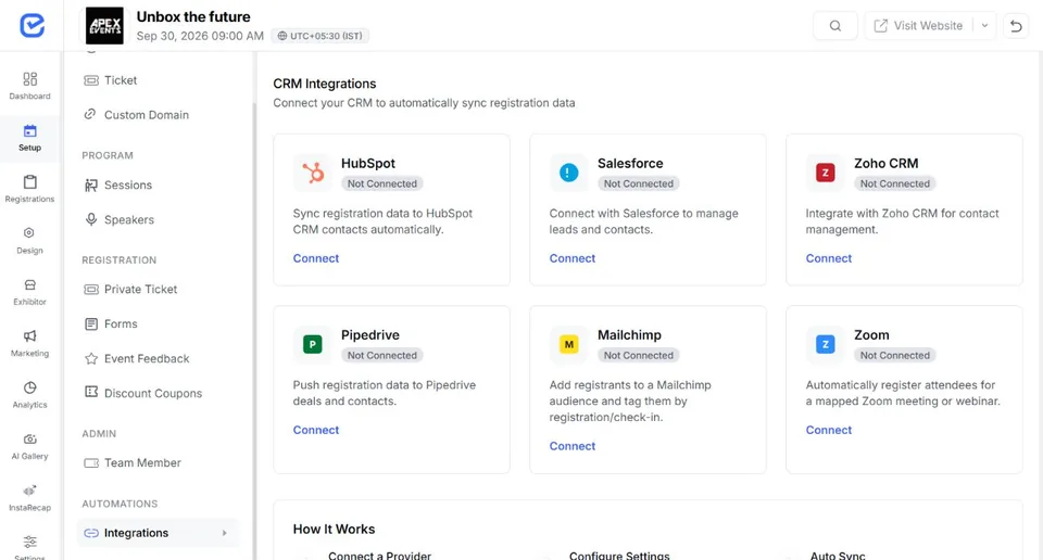 EventHex CRM integrations for reviewing external systems and data connections