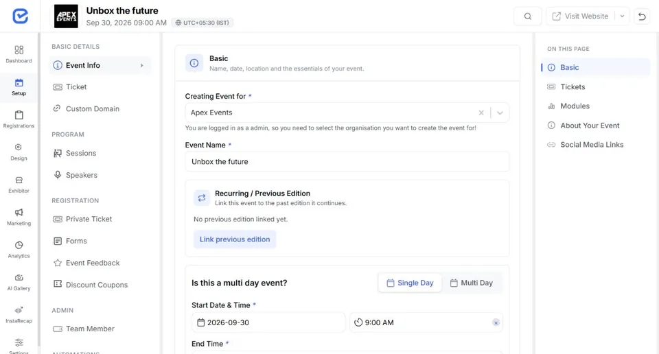 EventHex event setup with ticket, venue, registration, and module controls