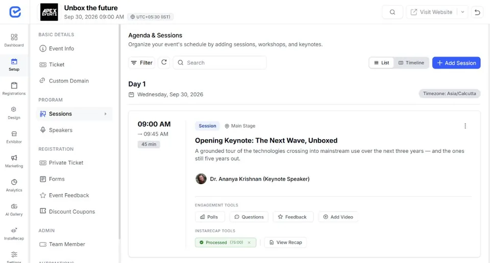EventHex portal screen supporting this manufacturing event format
