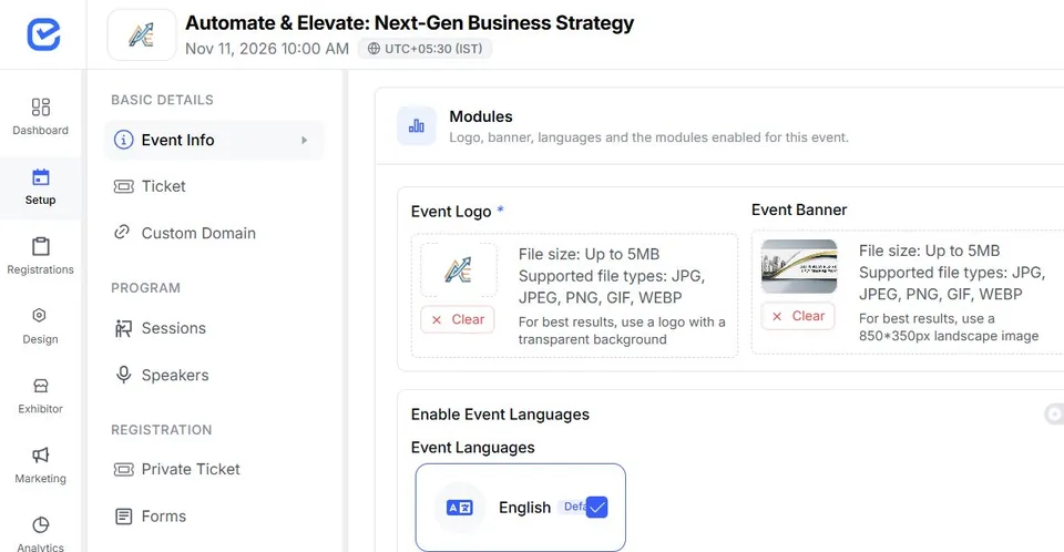 EventHex event configuration with programme, exhibitor, gallery, recap, and attendee modules