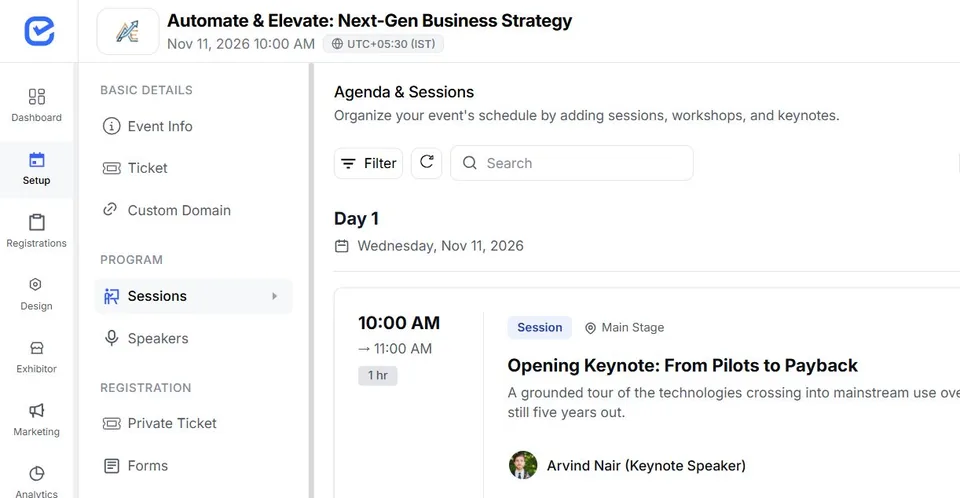 EventHex programme workspace with scheduled sessions, speakers, and engagement tools