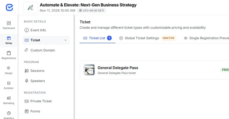 EventHex registration workspace showing an active delegate ticket and registration count