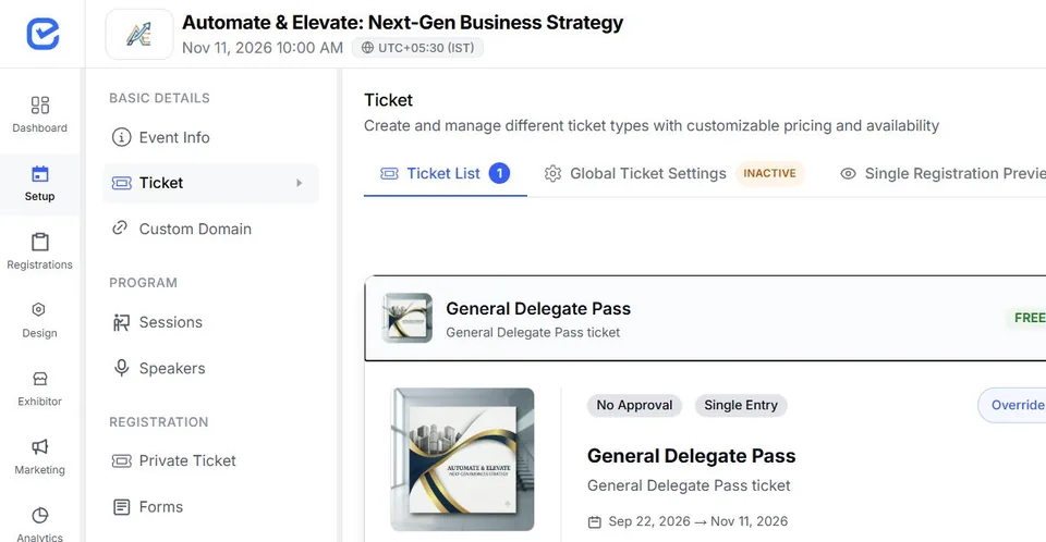 EventHex ticket requirements with form, approval, policy, delivery, and badge controls