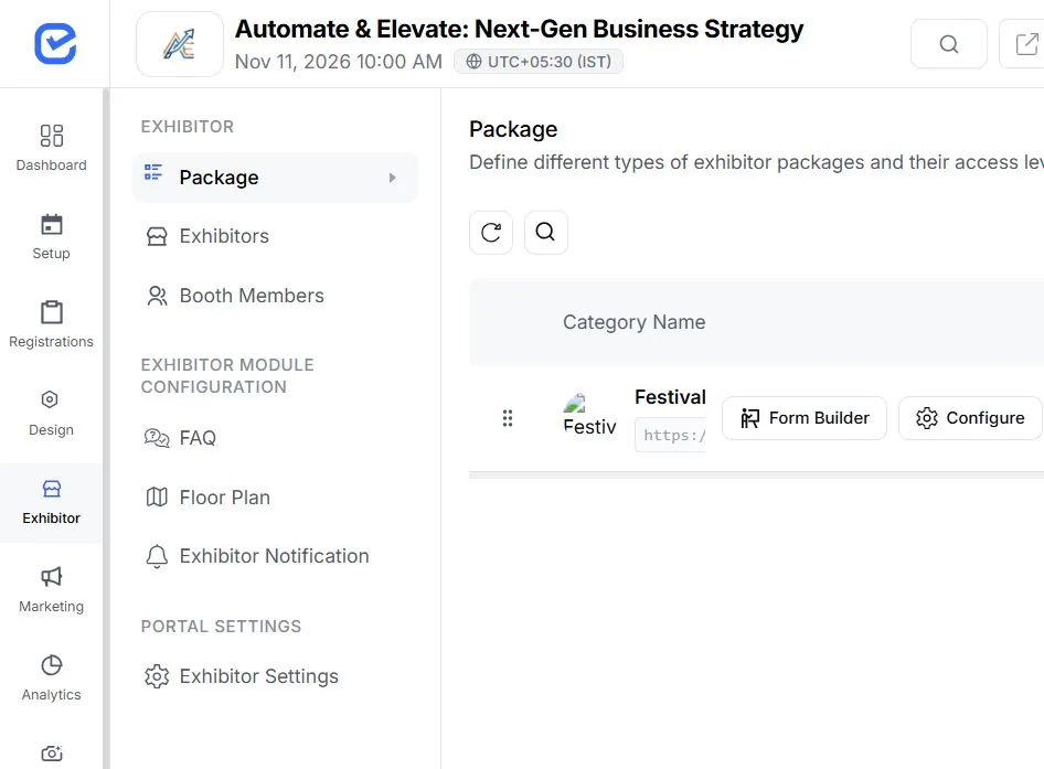 EventHex exhibitor package workspace for managing package access and booth teams