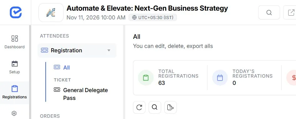 EventHex registration overview showing attendee totals and a configured delegate pass