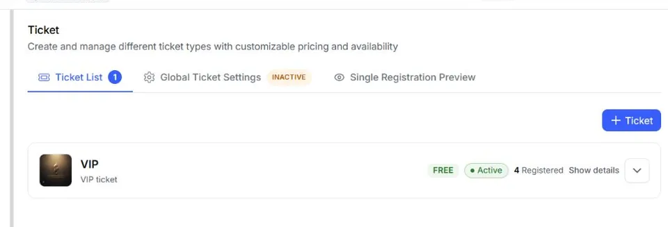 EventHex All tickets workspace showing an active VIP ticket with registration status and ticket controls