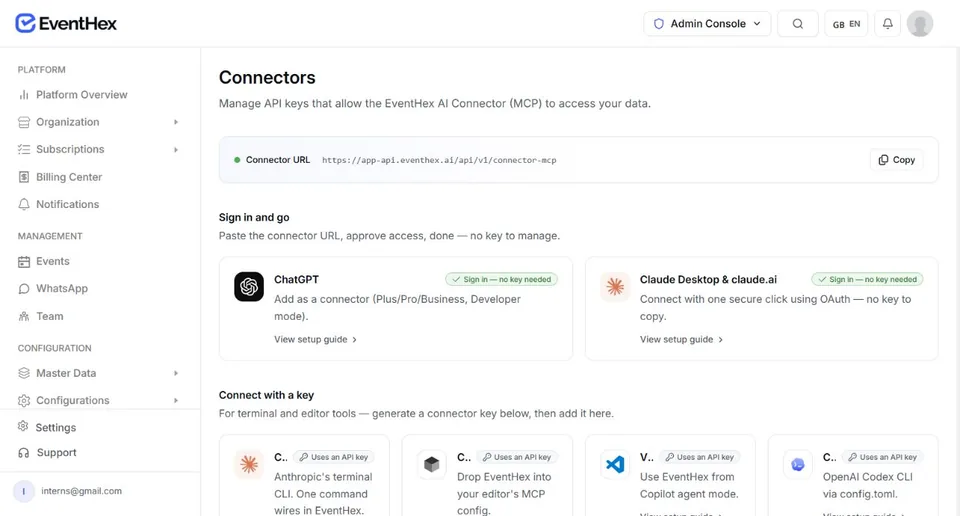 EventHex connector settings showing the connector URL and supported sign-in options