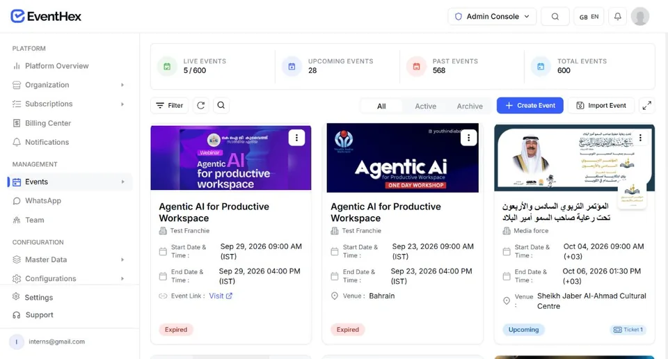 EventHex Events workspace showing live, upcoming, past, and total events