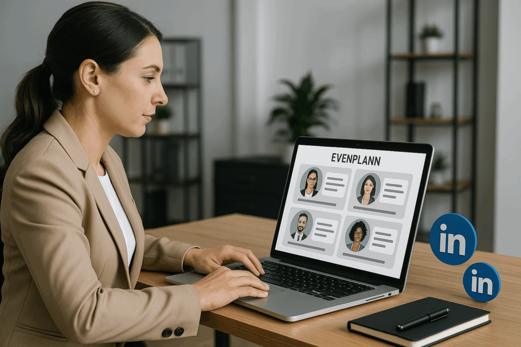 A woman sitting at a desk using a laptop, viewing the EventHex event management platform interface with attendee data and analytics, in a modern office setting.